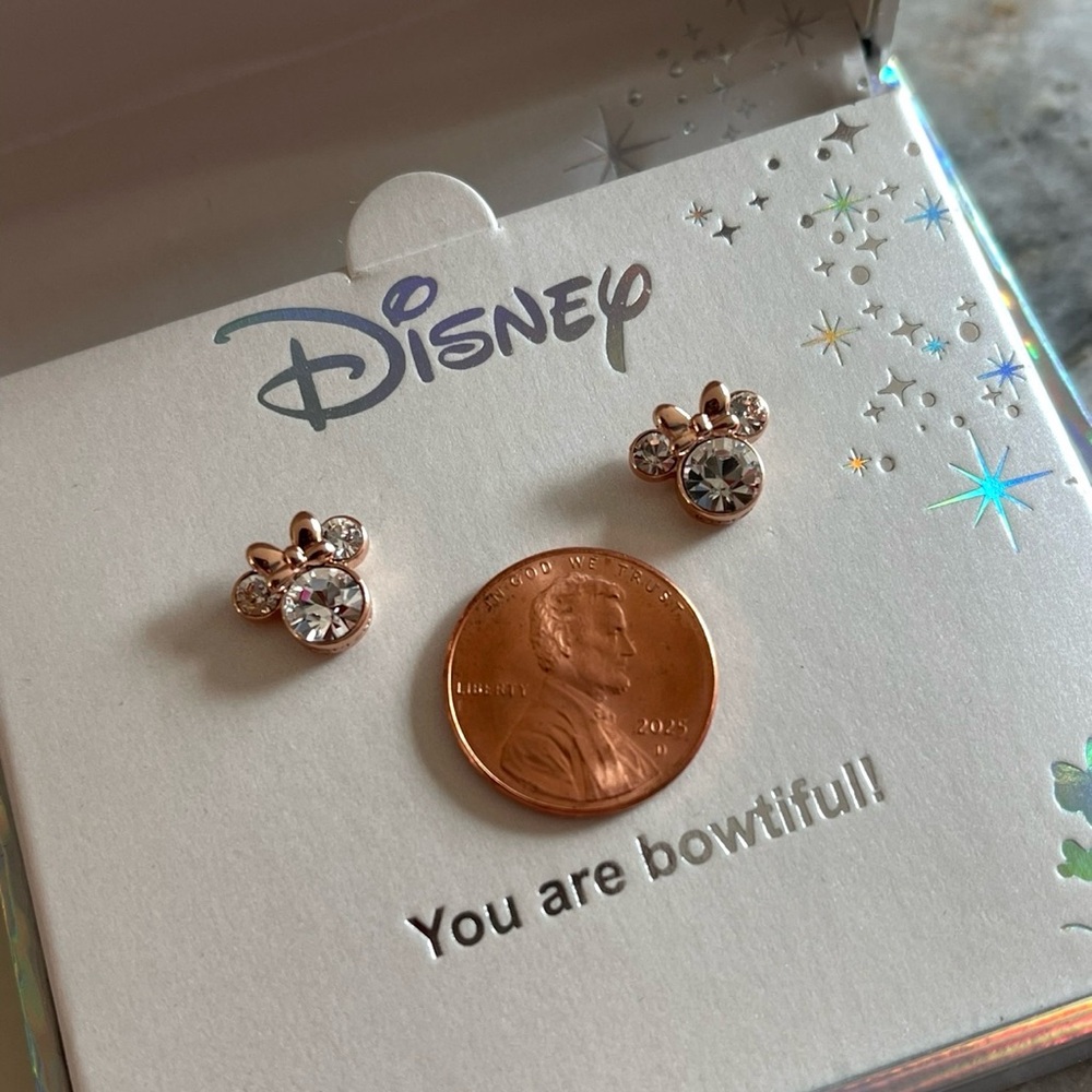 DISNEY MINNIE MOUSE HEAD BOW CRYSTAL RHINESTONE ROSE GOLD TONE STUD EARRINGS